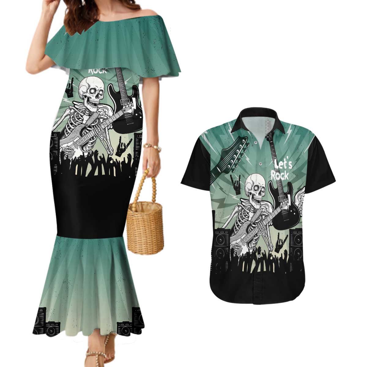 Electric Guitar Skull Couples Matching Mermaid Dress and Hawaiian Shirt Lets Rock - Wonder Print Shop