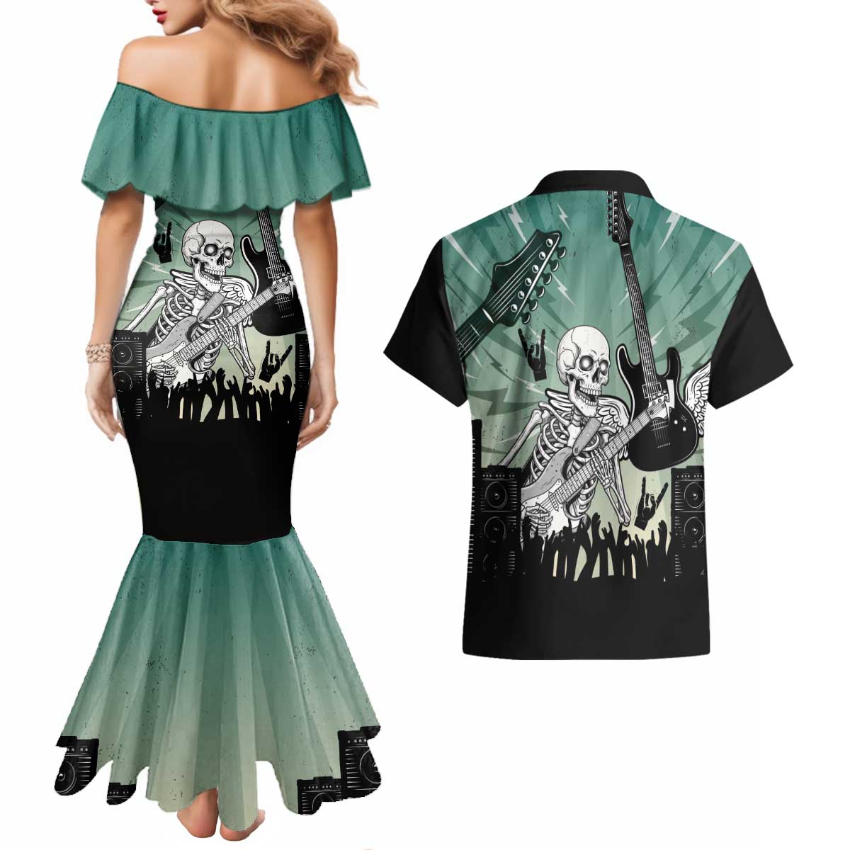 Electric Guitar Skull Couples Matching Mermaid Dress and Hawaiian Shirt Lets Rock - Wonder Print Shop