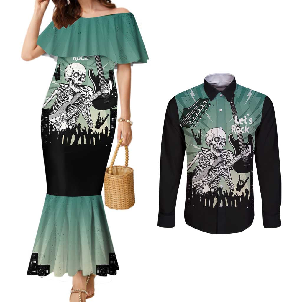 Electric Guitar Skull Couples Matching Mermaid Dress and Long Sleeve Button Shirt Lets Rock - Wonder Print Shop