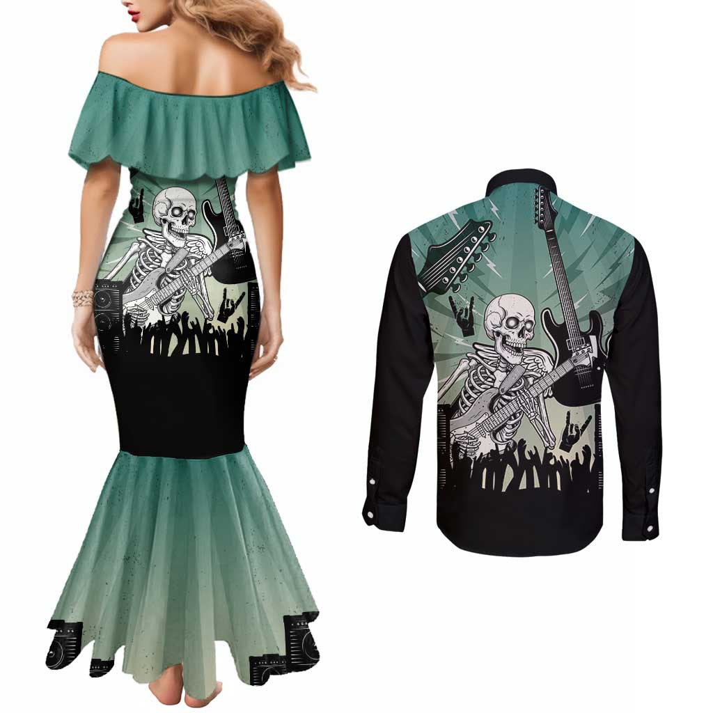 Electric Guitar Skull Couples Matching Mermaid Dress and Long Sleeve Button Shirt Lets Rock - Wonder Print Shop