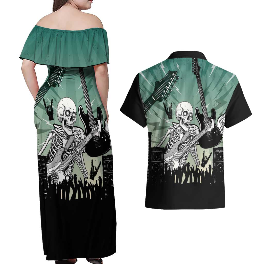 Electric Guitar Skull Couples Matching Off Shoulder Maxi Dress and Hawaiian Shirt Lets Rock - Wonder Print Shop