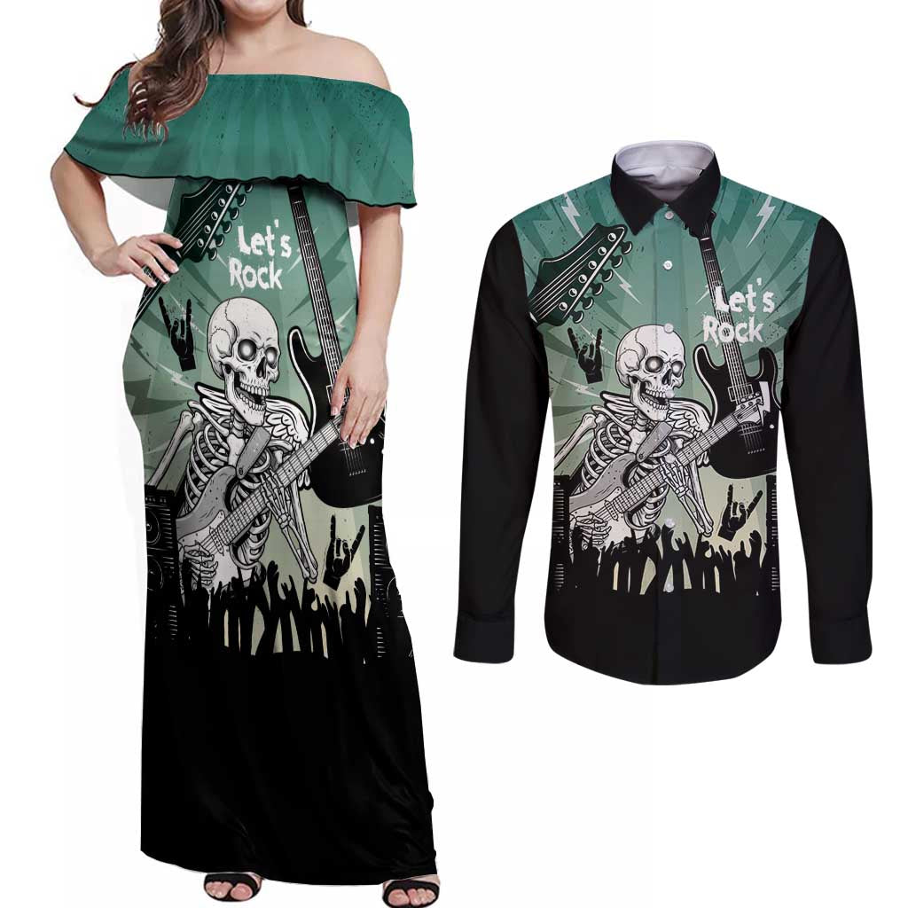 Electric Guitar Skull Couples Matching Off Shoulder Maxi Dress and Long Sleeve Button Shirt Lets Rock - Wonder Print Shop
