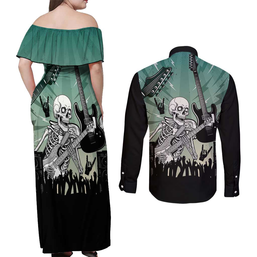 Electric Guitar Skull Couples Matching Off Shoulder Maxi Dress and Long Sleeve Button Shirt Lets Rock - Wonder Print Shop