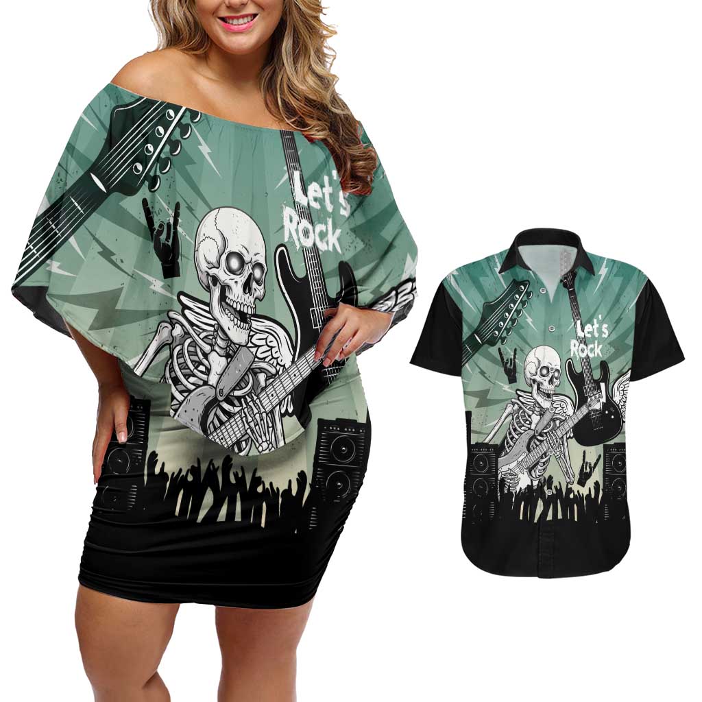 Electric Guitar Skull Couples Matching Off Shoulder Short Dress and Hawaiian Shirt Lets Rock - Wonder Print Shop