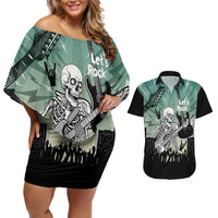Electric Guitar Skull Couples Matching Off Shoulder Short Dress and Hawaiian Shirt Lets Rock - Wonder Print Shop