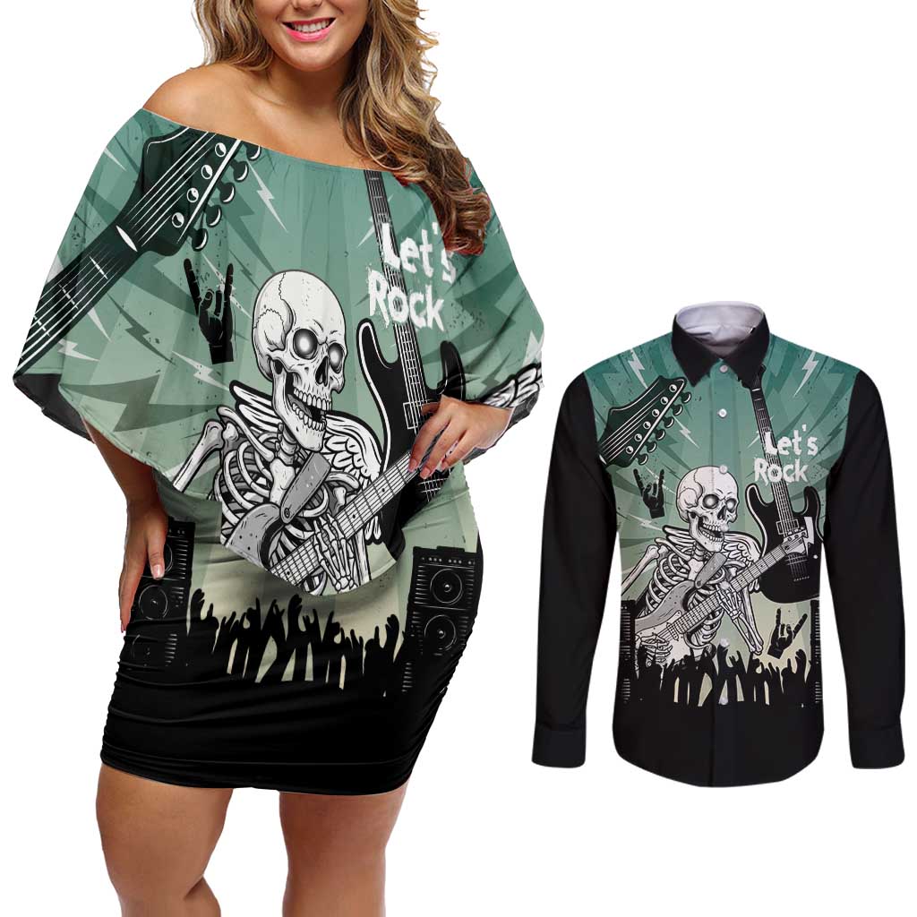 Electric Guitar Skull Couples Matching Off Shoulder Short Dress and Long Sleeve Button Shirt Lets Rock - Wonder Print Shop