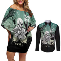 Electric Guitar Skull Couples Matching Off Shoulder Short Dress and Long Sleeve Button Shirt Lets Rock - Wonder Print Shop