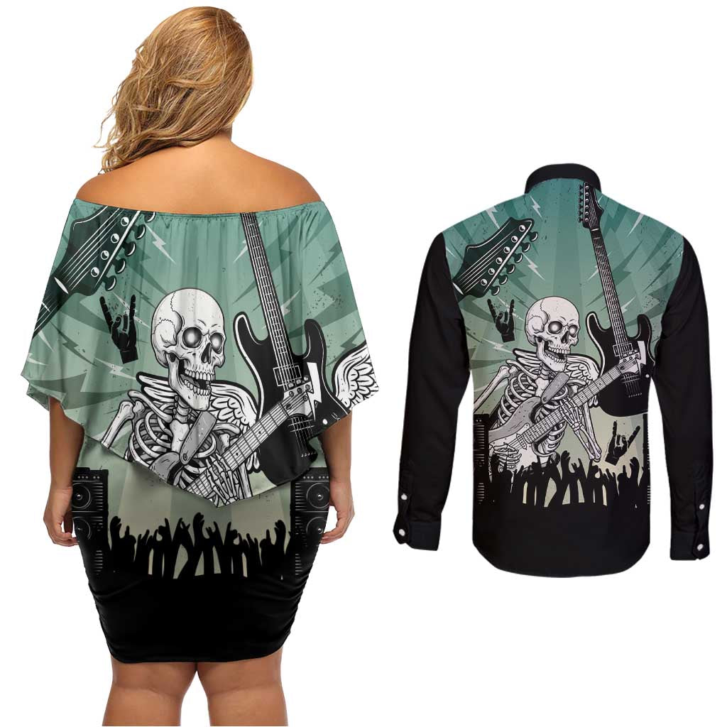 Electric Guitar Skull Couples Matching Off Shoulder Short Dress and Long Sleeve Button Shirt Lets Rock - Wonder Print Shop