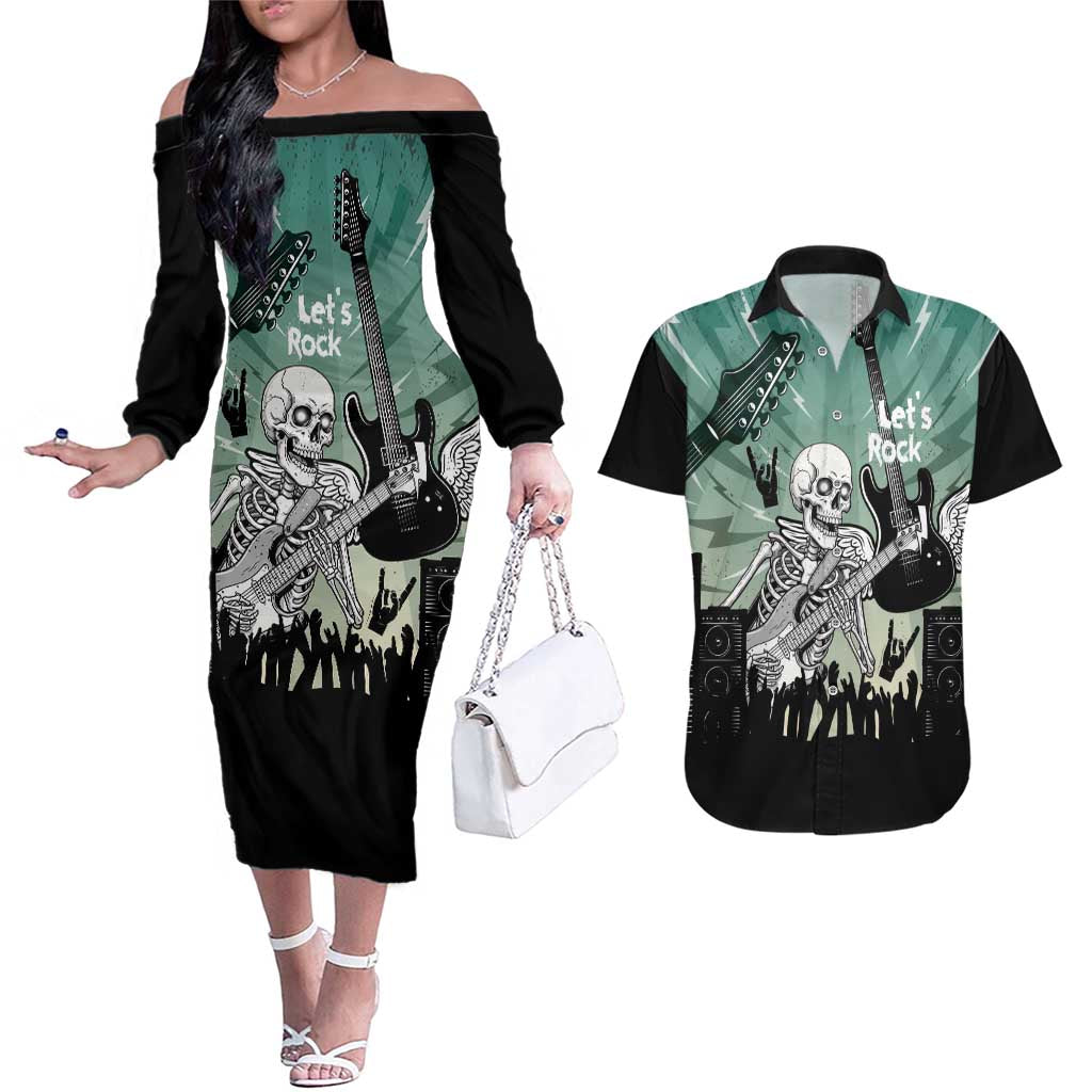 Electric Guitar Skull Couples Matching Off The Shoulder Long Sleeve Dress and Hawaiian Shirt Lets Rock - Wonder Print Shop