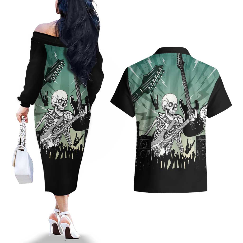 Electric Guitar Skull Couples Matching Off The Shoulder Long Sleeve Dress and Hawaiian Shirt Lets Rock - Wonder Print Shop
