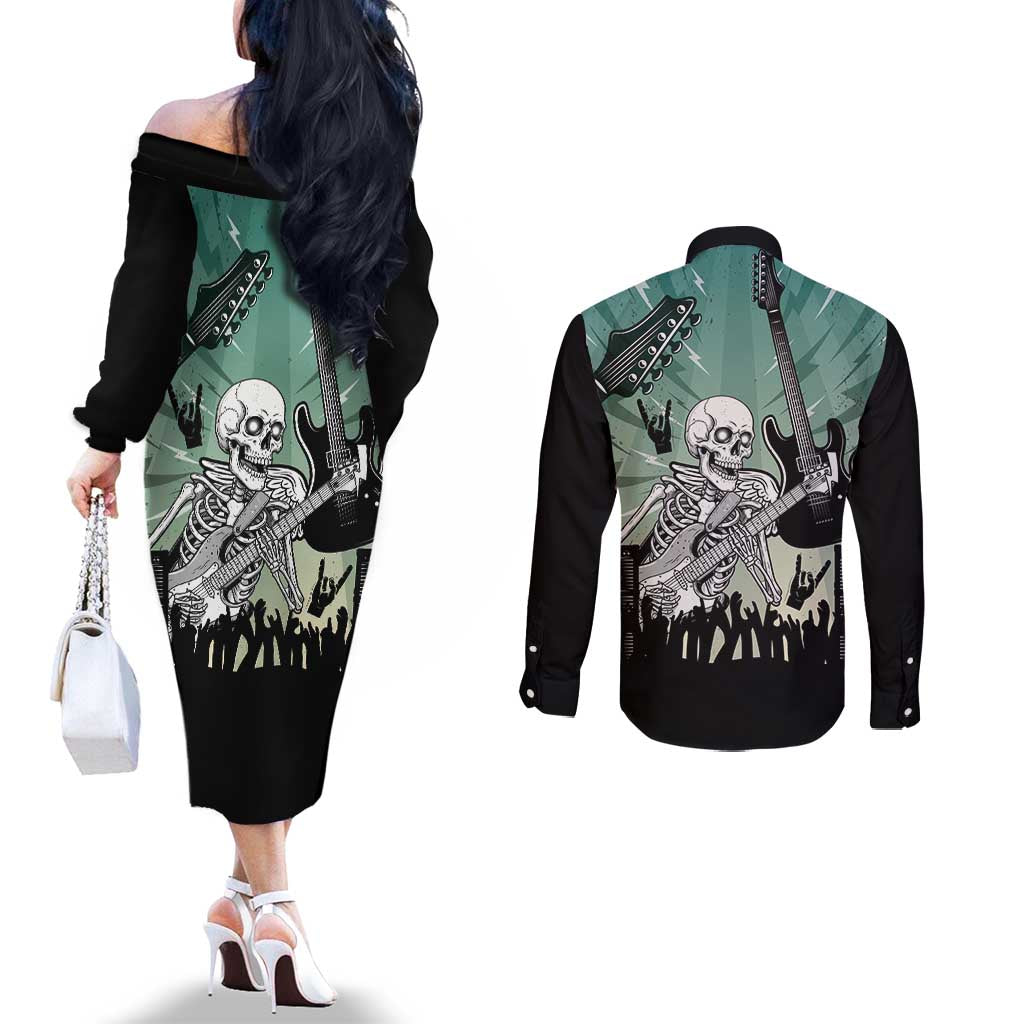 Electric Guitar Skull Couples Matching Off The Shoulder Long Sleeve Dress and Long Sleeve Button Shirt Lets Rock - Wonder Print Shop