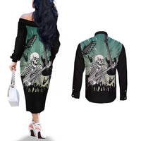 Electric Guitar Skull Couples Matching Off The Shoulder Long Sleeve Dress and Long Sleeve Button Shirt Lets Rock - Wonder Print Shop