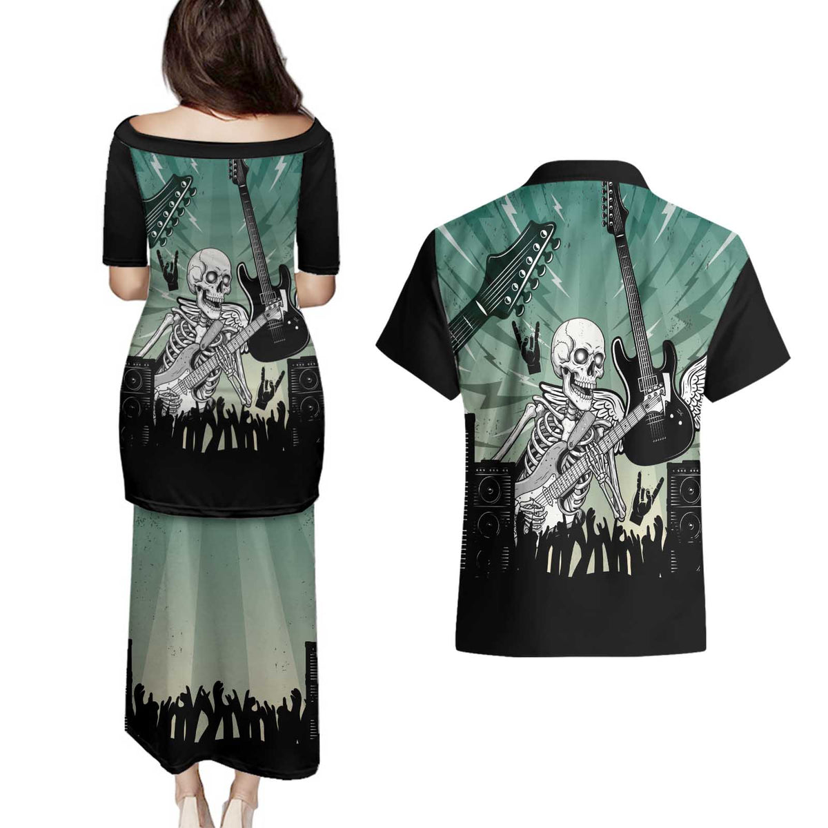 Electric Guitar Skull Couples Matching Puletasi and Hawaiian Shirt Lets Rock - Wonder Print Shop