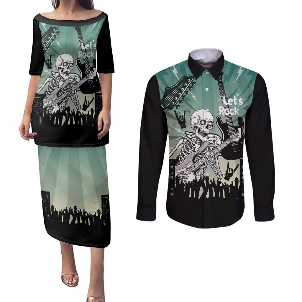 Electric Guitar Skull Couples Matching Puletasi and Long Sleeve Button Shirt Lets Rock - Wonder Print Shop