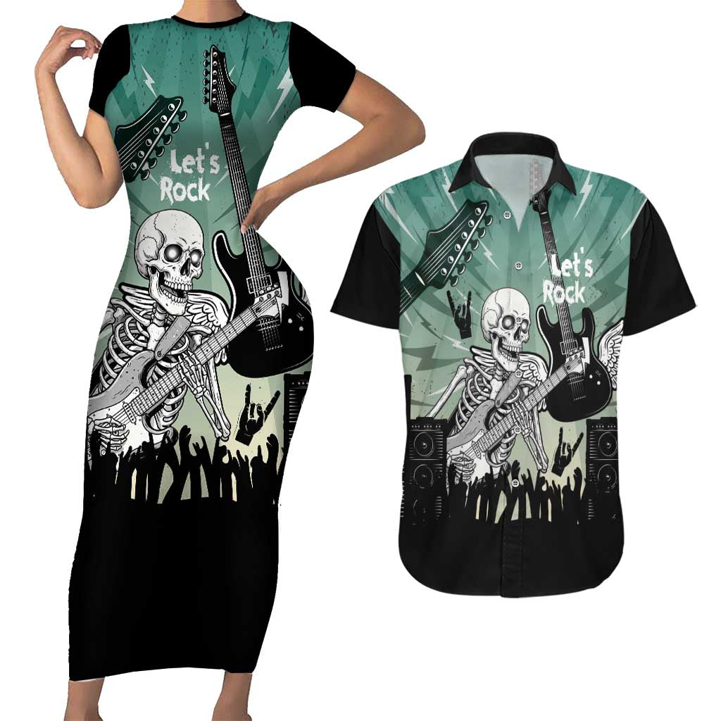 Electric Guitar Skull Couples Matching Short Sleeve Bodycon Dress and Hawaiian Shirt Lets Rock - Wonder Print Shop