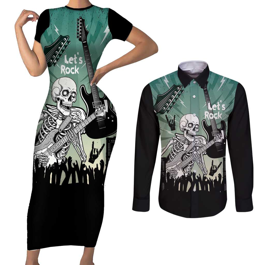 Electric Guitar Skull Couples Matching Short Sleeve Bodycon Dress and Long Sleeve Button Shirt Lets Rock - Wonder Print Shop