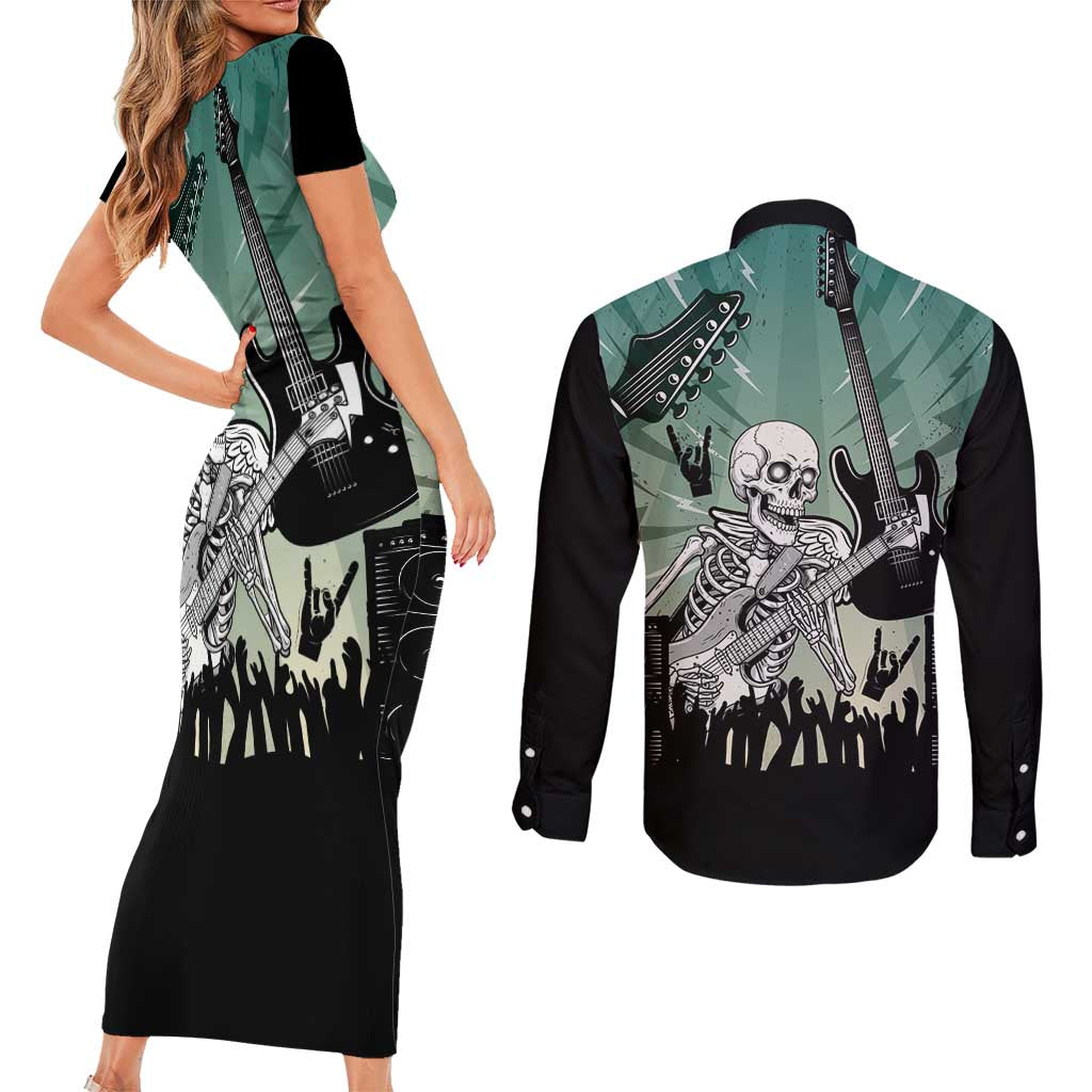 Electric Guitar Skull Couples Matching Short Sleeve Bodycon Dress and Long Sleeve Button Shirt Lets Rock - Wonder Print Shop