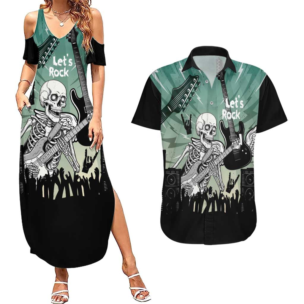 Electric Guitar Skull Couples Matching Summer Maxi Dress and Hawaiian Shirt Lets Rock - Wonder Print Shop