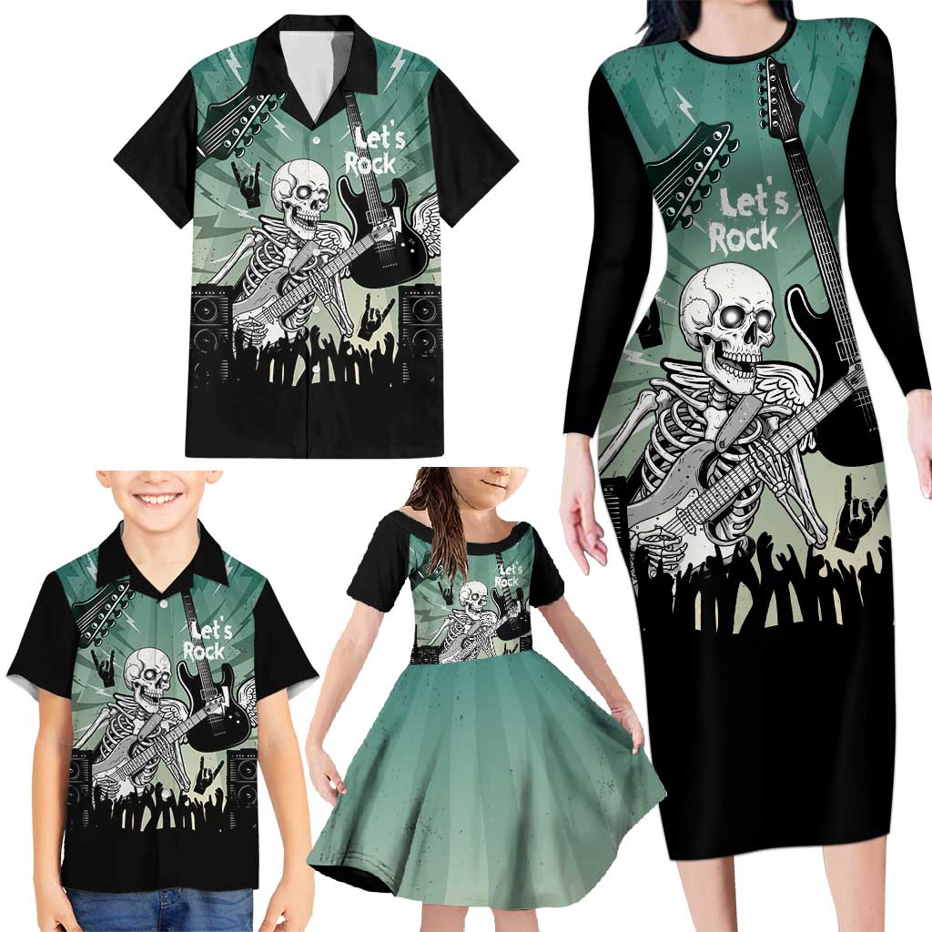 Electric Guitar Skull Family Matching Long Sleeve Bodycon Dress and Hawaiian Shirt Lets Rock - Wonder Print Shop