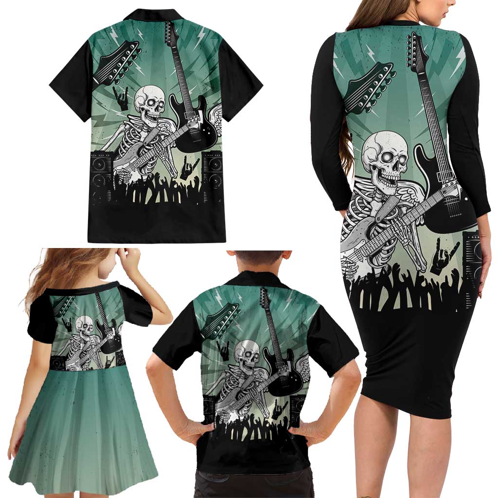 Electric Guitar Skull Family Matching Long Sleeve Bodycon Dress and Hawaiian Shirt Lets Rock - Wonder Print Shop