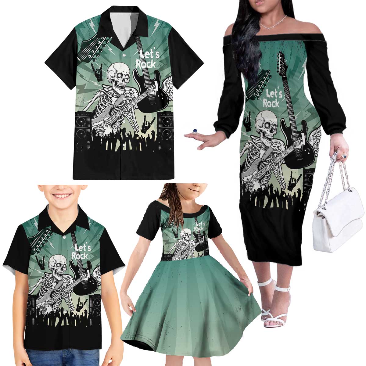 Electric Guitar Skull Family Matching Off The Shoulder Long Sleeve Dress and Hawaiian Shirt Lets Rock - Wonder Print Shop