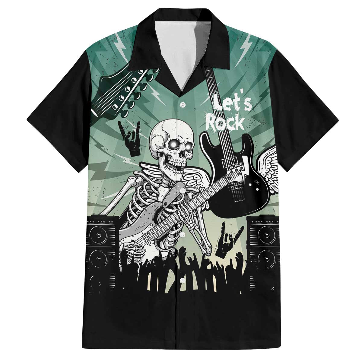 Electric Guitar Skull Family Matching Off The Shoulder Long Sleeve Dress and Hawaiian Shirt Lets Rock - Wonder Print Shop