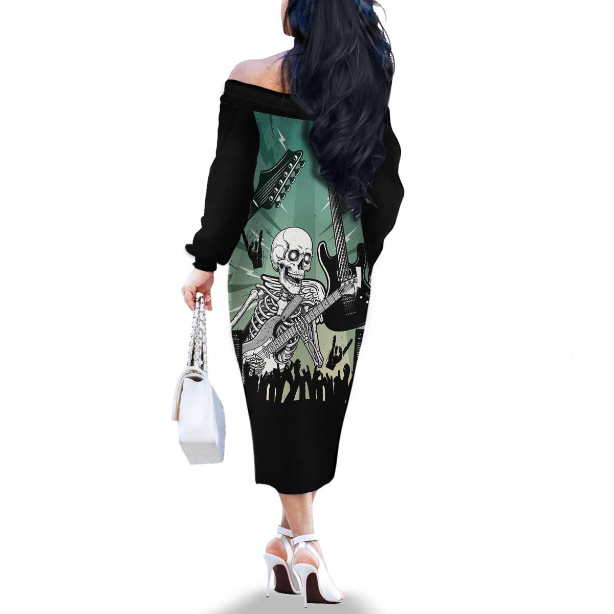 Electric Guitar Skull Family Matching Off The Shoulder Long Sleeve Dress and Hawaiian Shirt Lets Rock - Wonder Print Shop