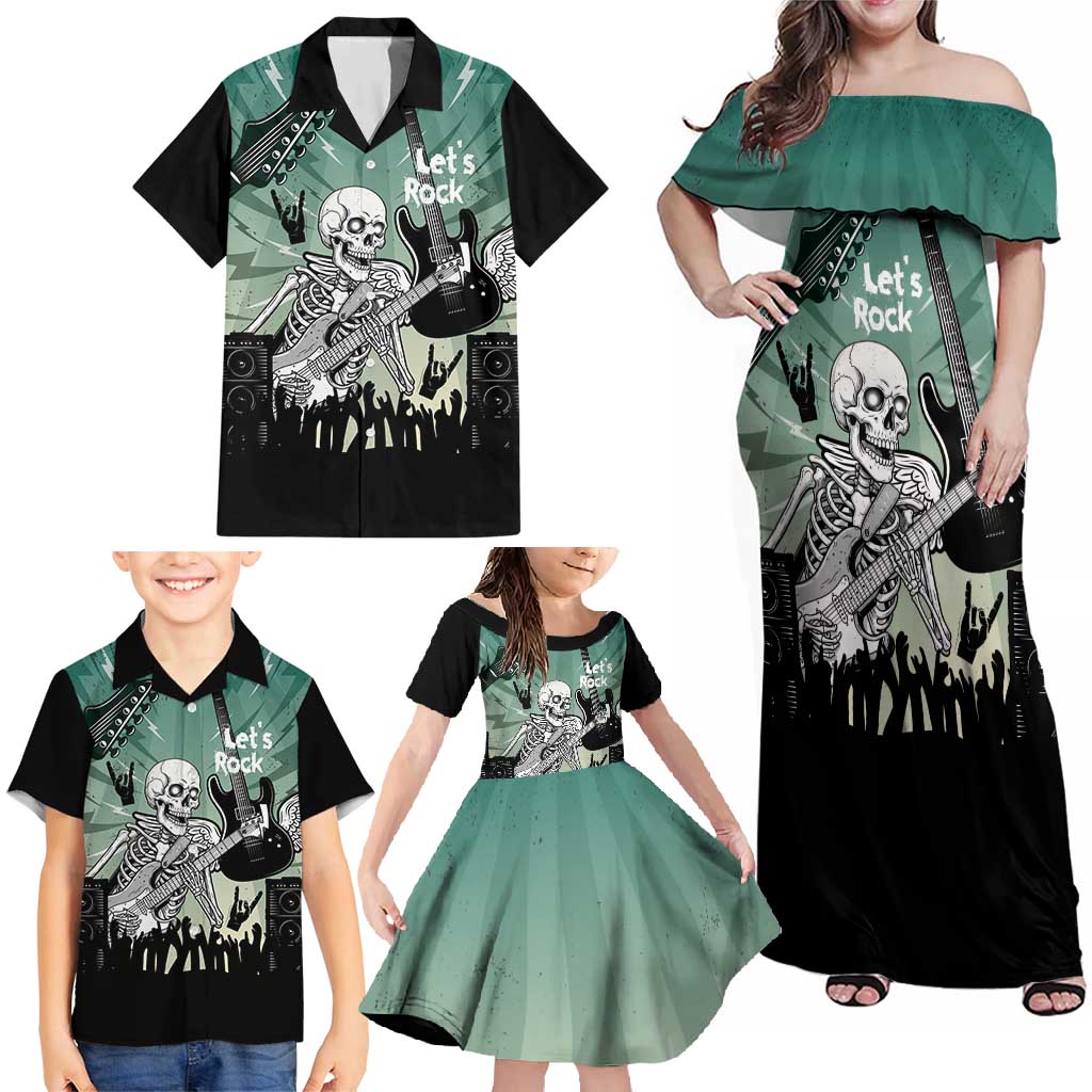 Electric Guitar Skull Family Matching Off Shoulder Maxi Dress and Hawaiian Shirt Lets Rock - Wonder Print Shop