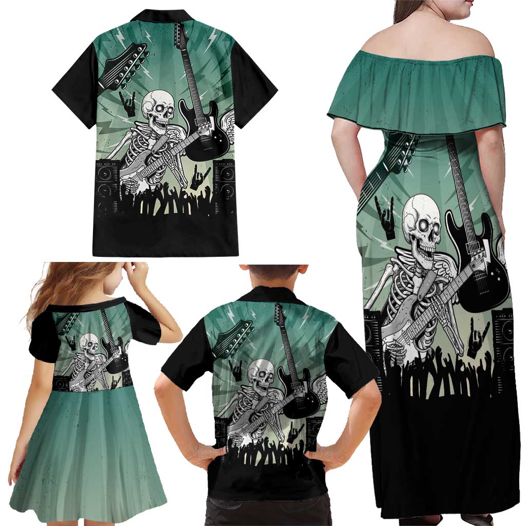 Electric Guitar Skull Family Matching Off Shoulder Maxi Dress and Hawaiian Shirt Lets Rock - Wonder Print Shop