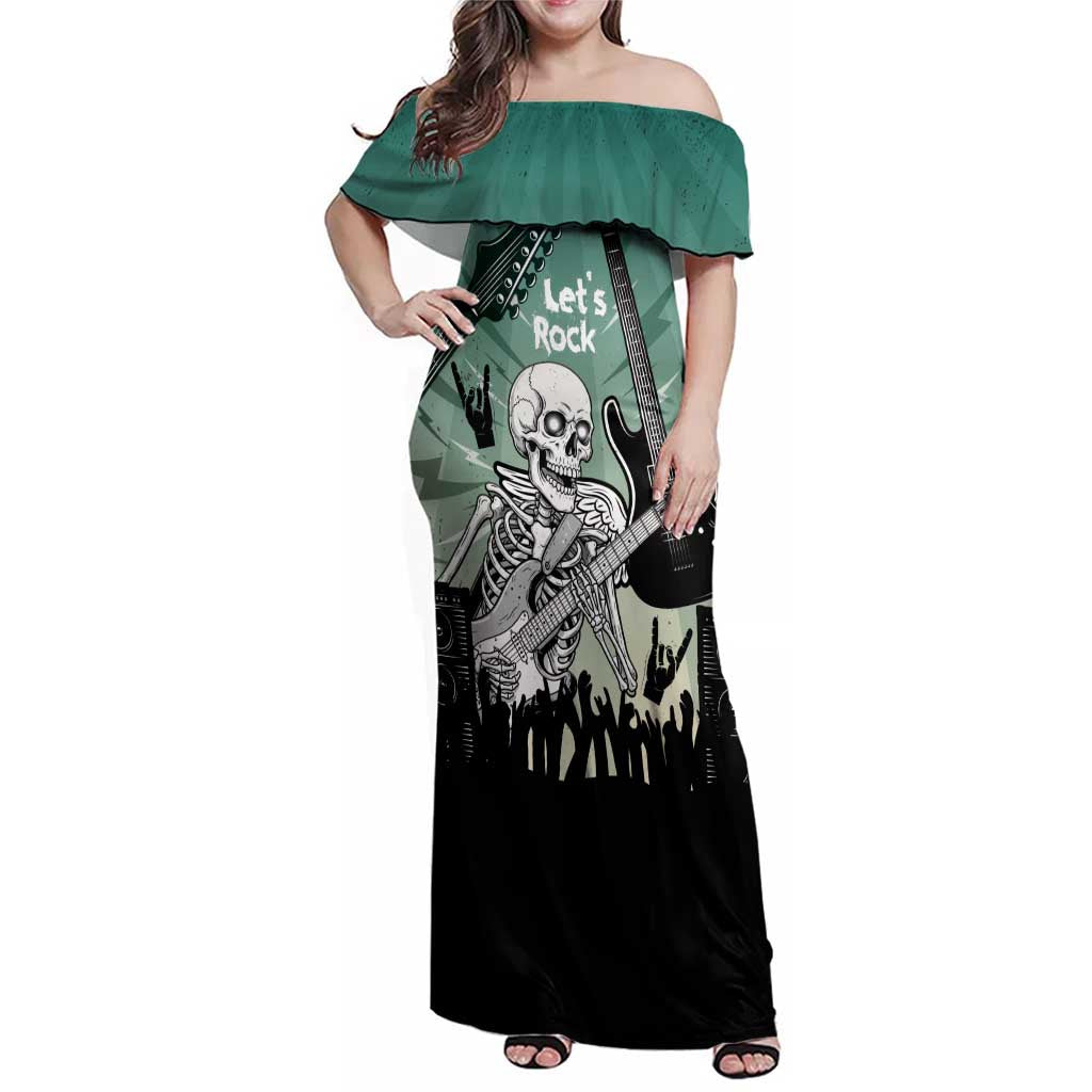 Electric Guitar Skull Family Matching Off Shoulder Maxi Dress and Hawaiian Shirt Lets Rock - Wonder Print Shop