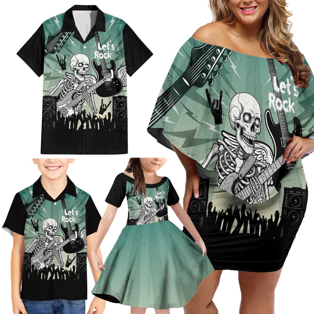 Electric Guitar Skull Family Matching Off Shoulder Short Dress and Hawaiian Shirt Lets Rock - Wonder Print Shop