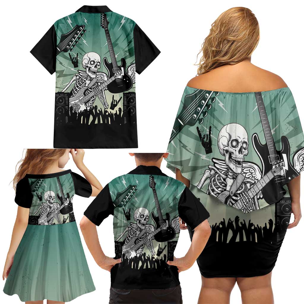 Electric Guitar Skull Family Matching Off Shoulder Short Dress and Hawaiian Shirt Lets Rock - Wonder Print Shop
