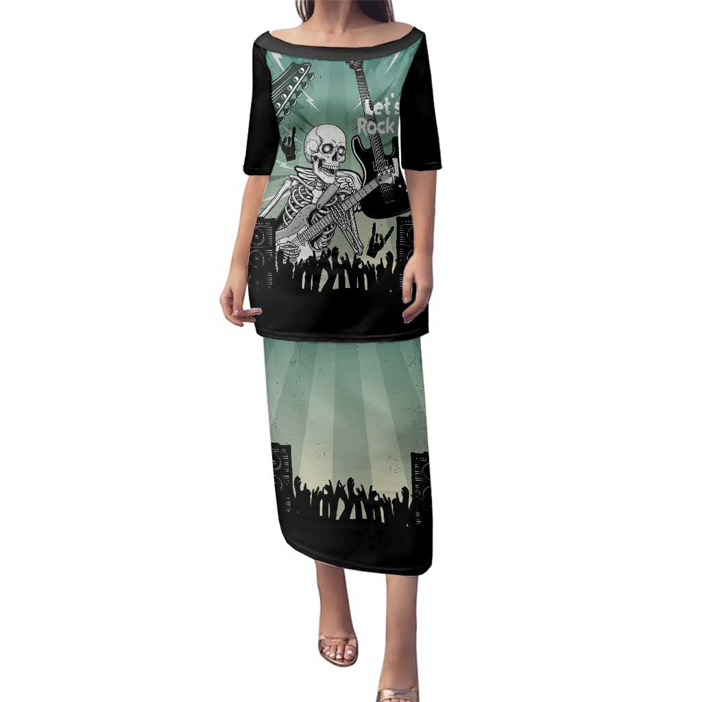 Electric Guitar Skull Family Matching Puletasi and Hawaiian Shirt Lets Rock - Wonder Print Shop