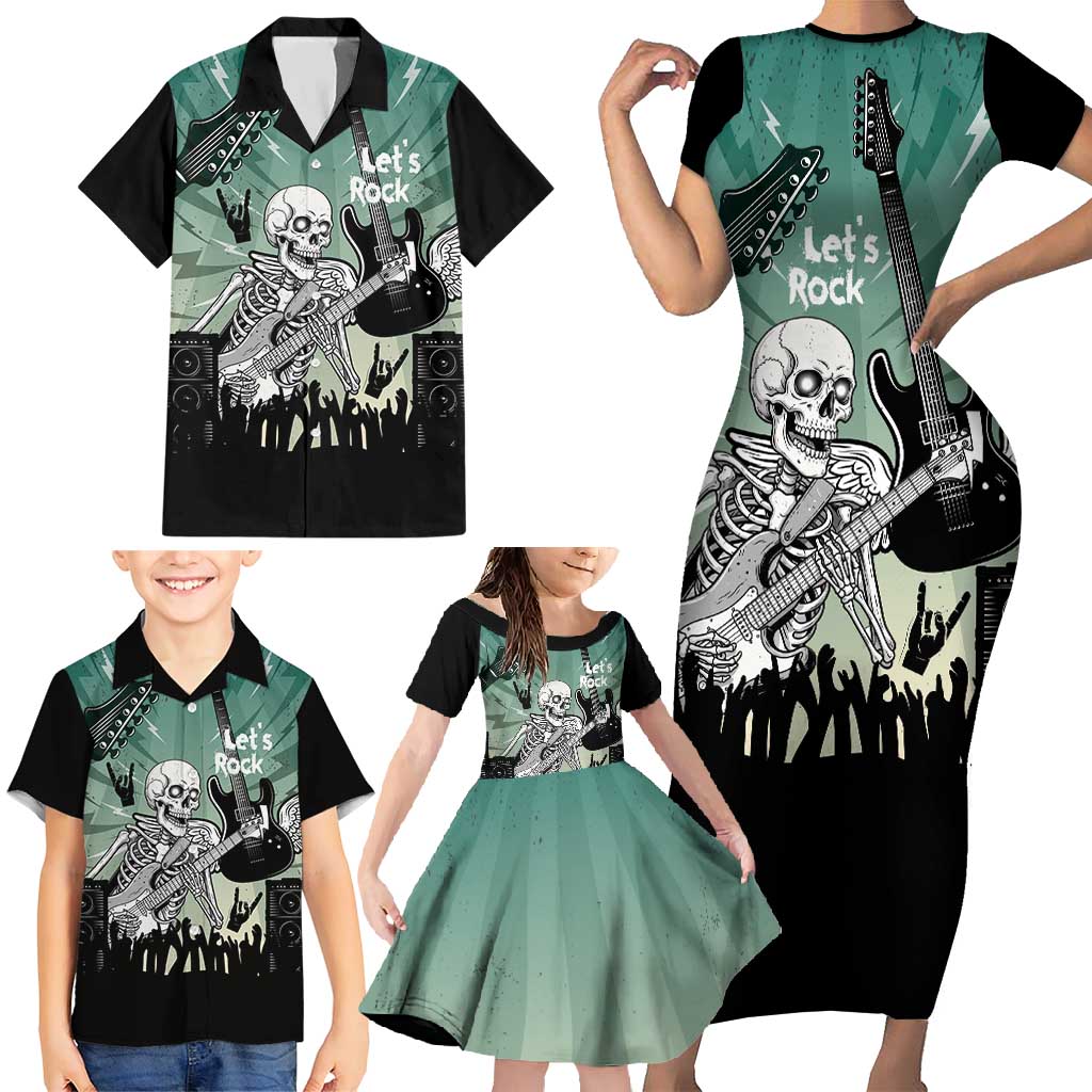 Electric Guitar Skull Family Matching Short Sleeve Bodycon Dress and Hawaiian Shirt Lets Rock - Wonder Print Shop