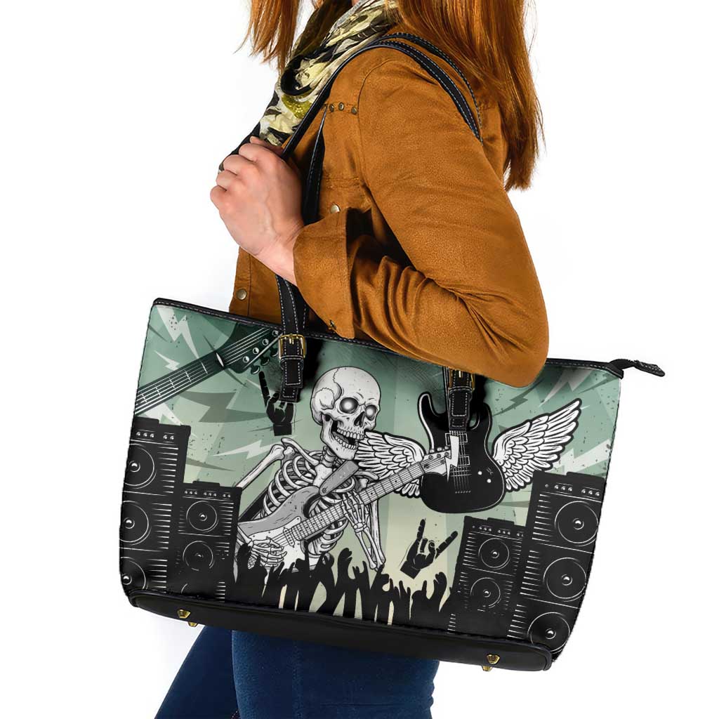 Electric Guitar Skull Leather Tote Bag Lets Rock - Wonder Print Shop