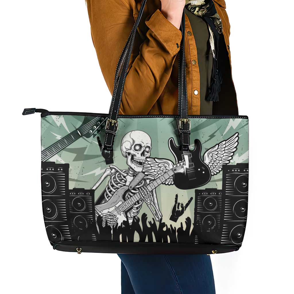 Electric Guitar Skull Leather Tote Bag Lets Rock - Wonder Print Shop