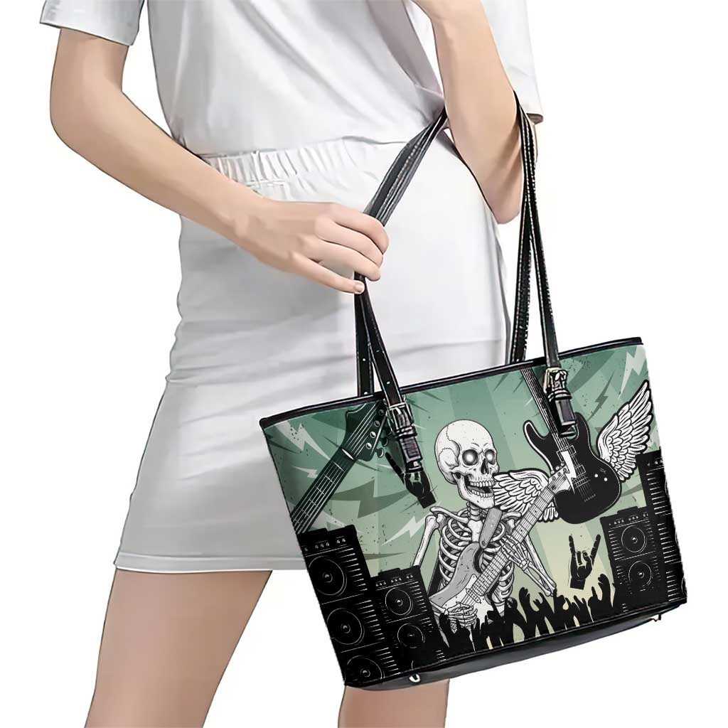 Electric Guitar Skull Leather Tote Bag Lets Rock - Wonder Print Shop