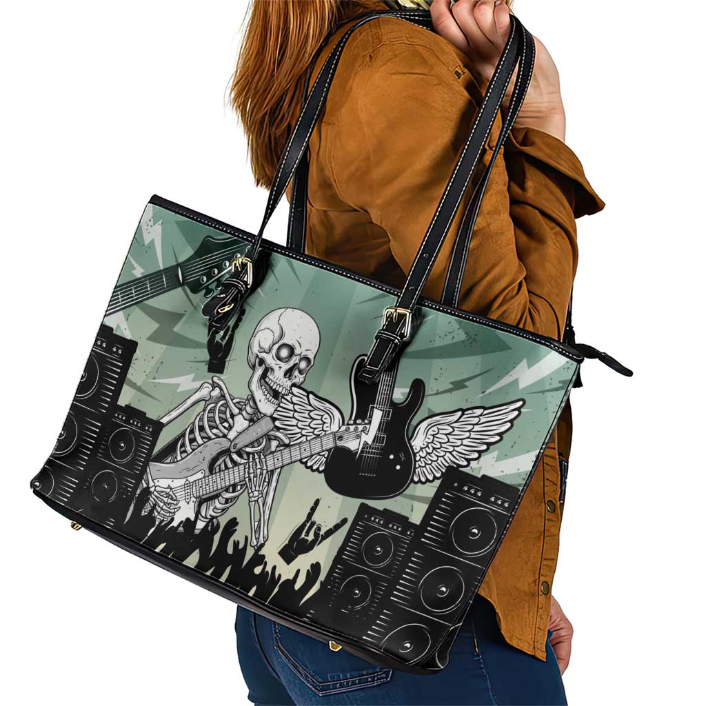 Electric Guitar Skull Leather Tote Bag Lets Rock - Wonder Print Shop
