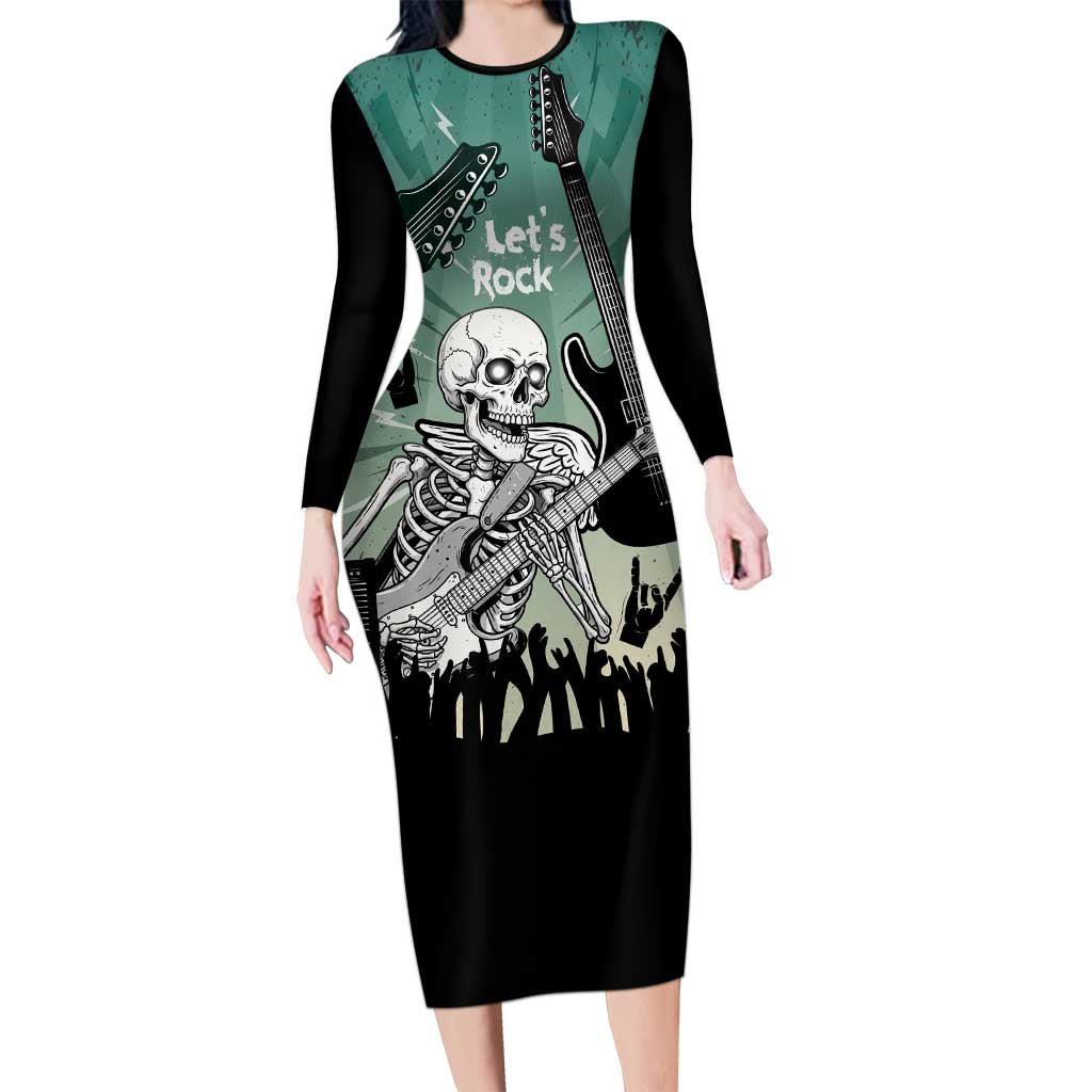 Electric Guitar Skull Long Sleeve Bodycon Dress Lets Rock - Wonder Print Shop