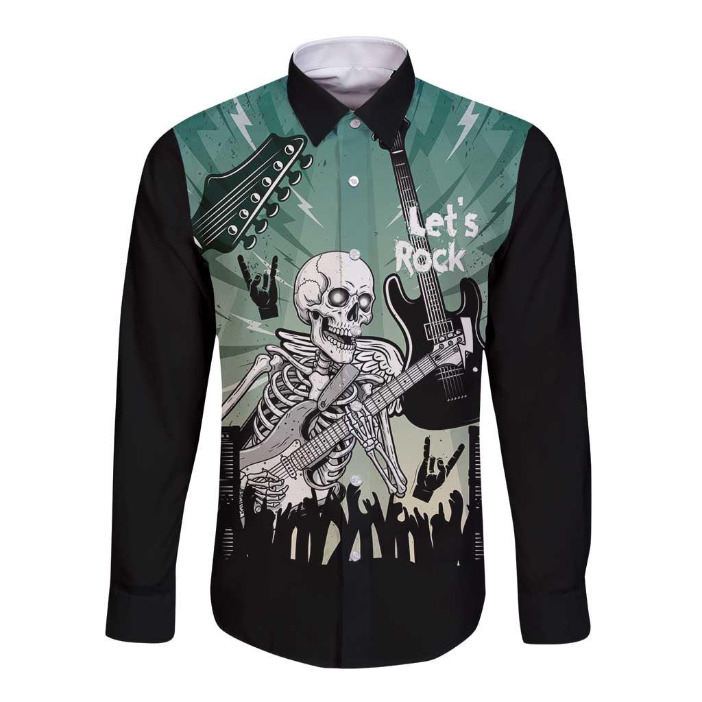 Electric Guitar Skull Long Sleeve Button Shirt Lets Rock - Wonder Print Shop