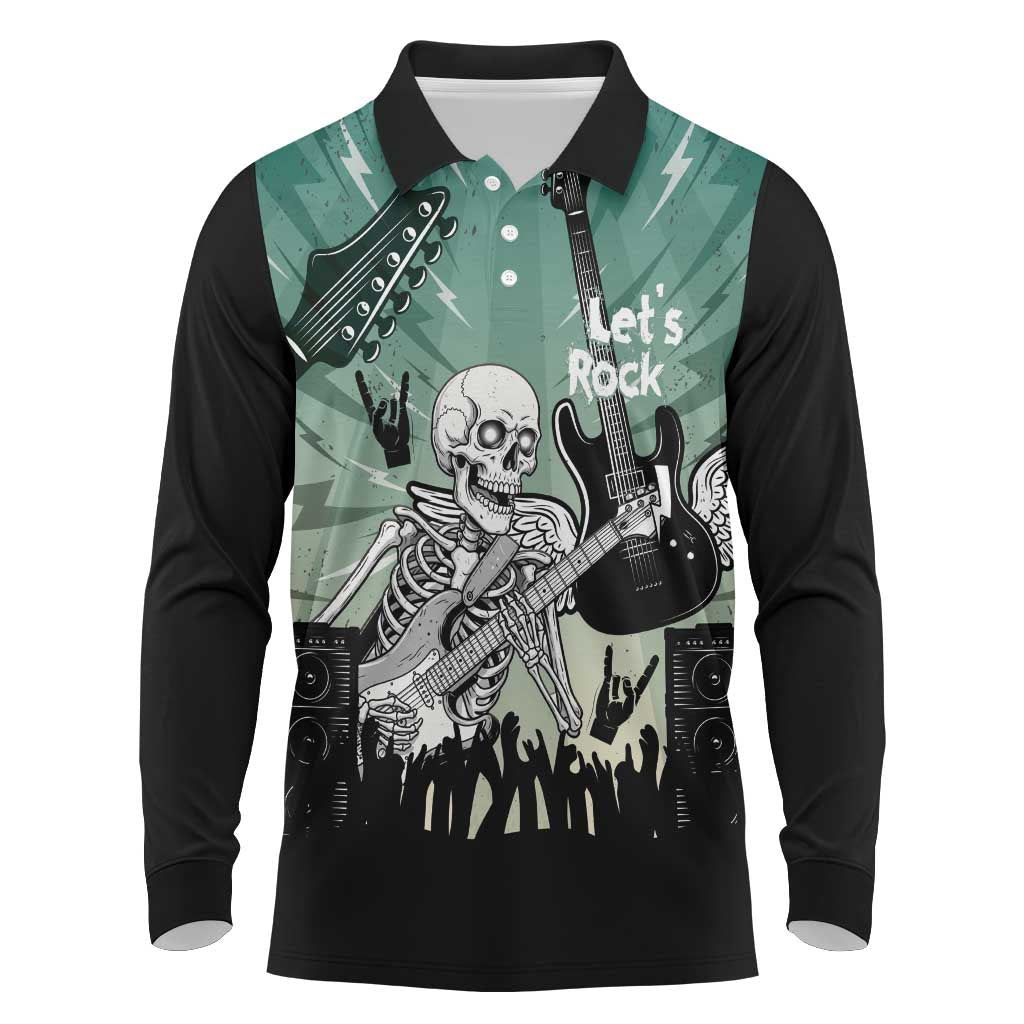 Electric Guitar Skull Long Sleeve Polo Shirt Lets Rock - Wonder Print Shop