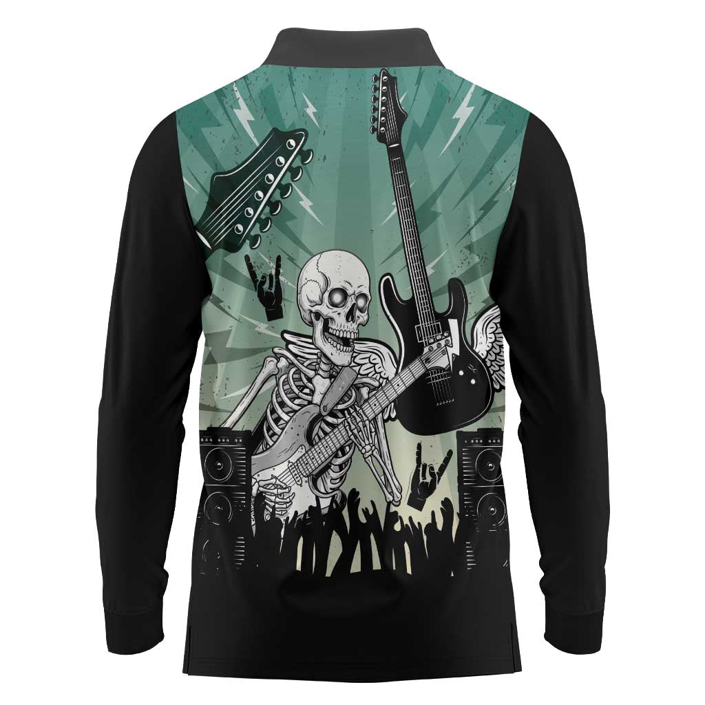 Electric Guitar Skull Long Sleeve Polo Shirt Lets Rock - Wonder Print Shop