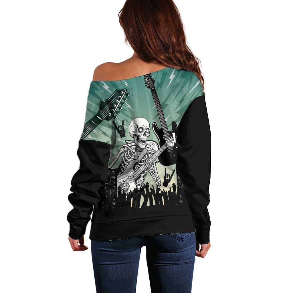 Electric Guitar Skull Off Shoulder Sweater Lets Rock - Wonder Print Shop