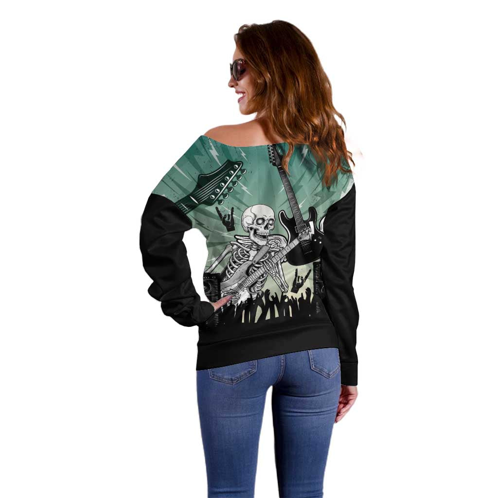 Electric Guitar Skull Off Shoulder Sweater Lets Rock - Wonder Print Shop