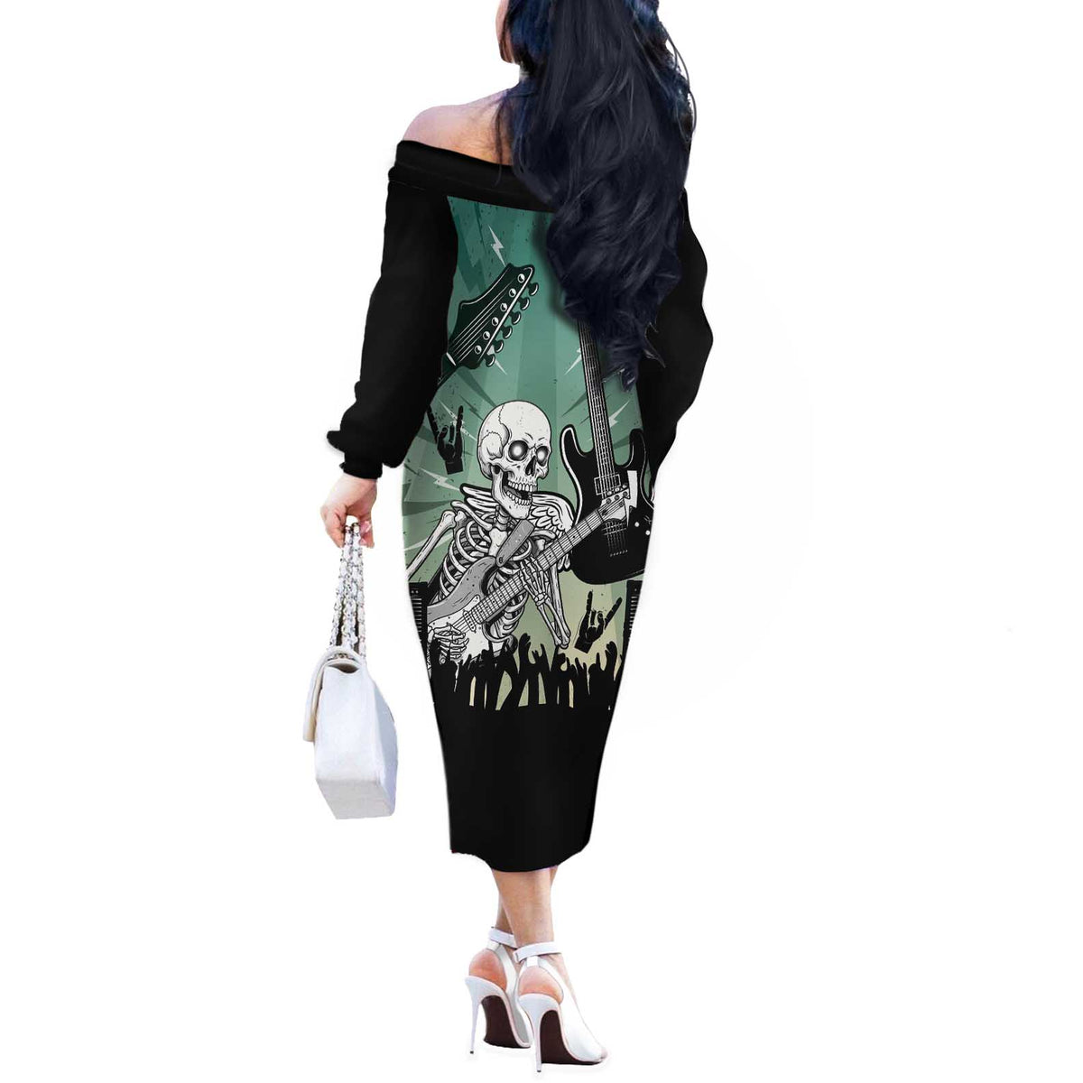 Electric Guitar Skull Off The Shoulder Long Sleeve Dress Lets Rock - Wonder Print Shop