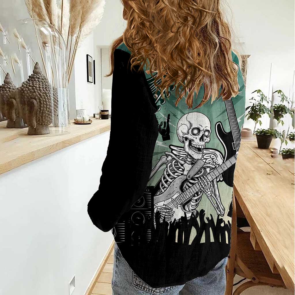 Electric Guitar Skull Women Casual Shirt Lets Rock - Wonder Print Shop