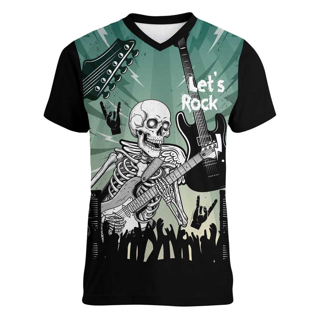 Electric Guitar Skull Women V-Neck T-Shirt Lets Rock - Wonder Print Shop