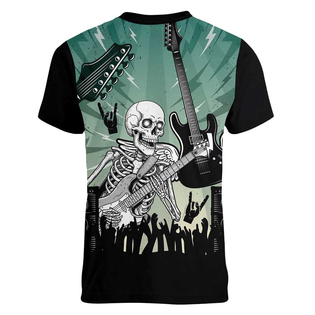Electric Guitar Skull Women V-Neck T-Shirt Lets Rock - Wonder Print Shop