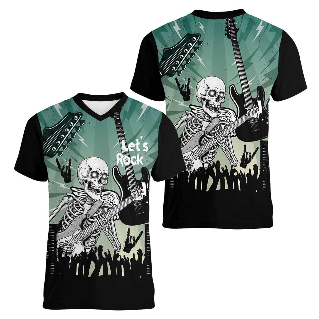 Electric Guitar Skull Women V-Neck T-Shirt Lets Rock - Wonder Print Shop