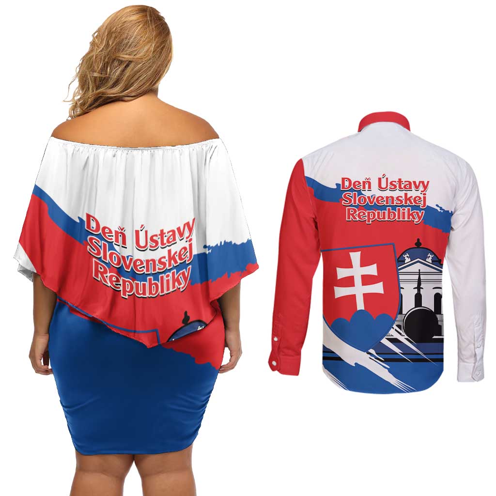 Slovakia Constitution Day Couples Matching Off Shoulder Short Dress and Long Sleeve Button Shirt Slovensko Grassalkovich Palace With Coat Of Arms - Wonder Print Shop